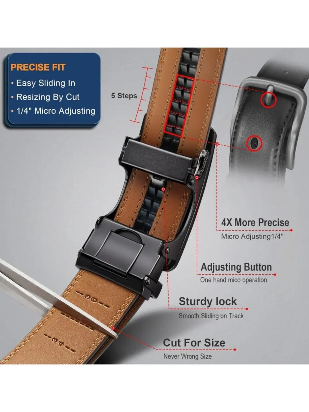2-Pack Men's Ratchet Leather Belts - Adjustable, Smooth Sliding, Gift Boxed